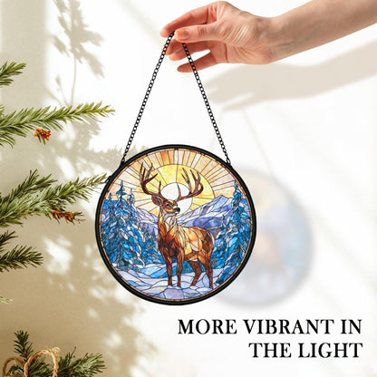 cvjutf Winter Wonderland Christmas Deer Suncatcher Stained Glass Window Hanging Decorstions, Landscape Stained Glass Wall Decor, Winter Solstice Gifts, Forest Garden Sun Catchers Window Art, 7.9x7.9In