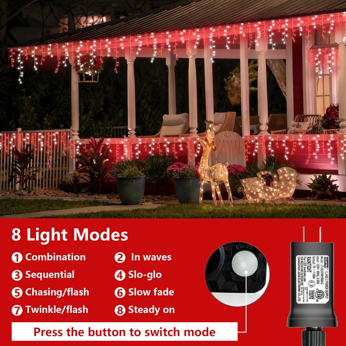 YEGUO 33ft 400 LED Red and White Icicle Lights Outdoor Waterproof, 80 Drops Icicle String Lights Connectable, 8 Modes Icicle Christmas Lights with Memory