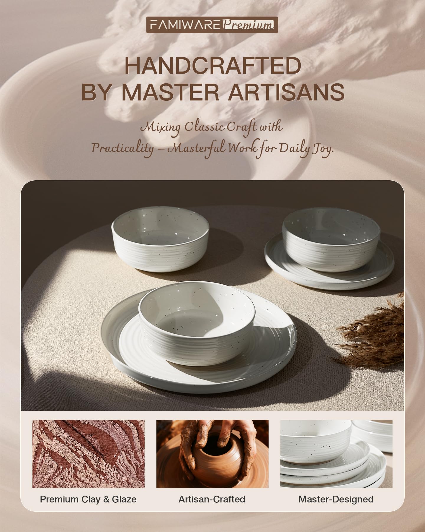 Famiware Premium 24-Piece Stoneware Dinnerware Sets for 8 - Coupe Plates and Bowls with Speckles & Spirals - Chip & Scratch Resistant, Microwave & Dishwasher Safe - Farmhouse Dishes - Gift Box, White