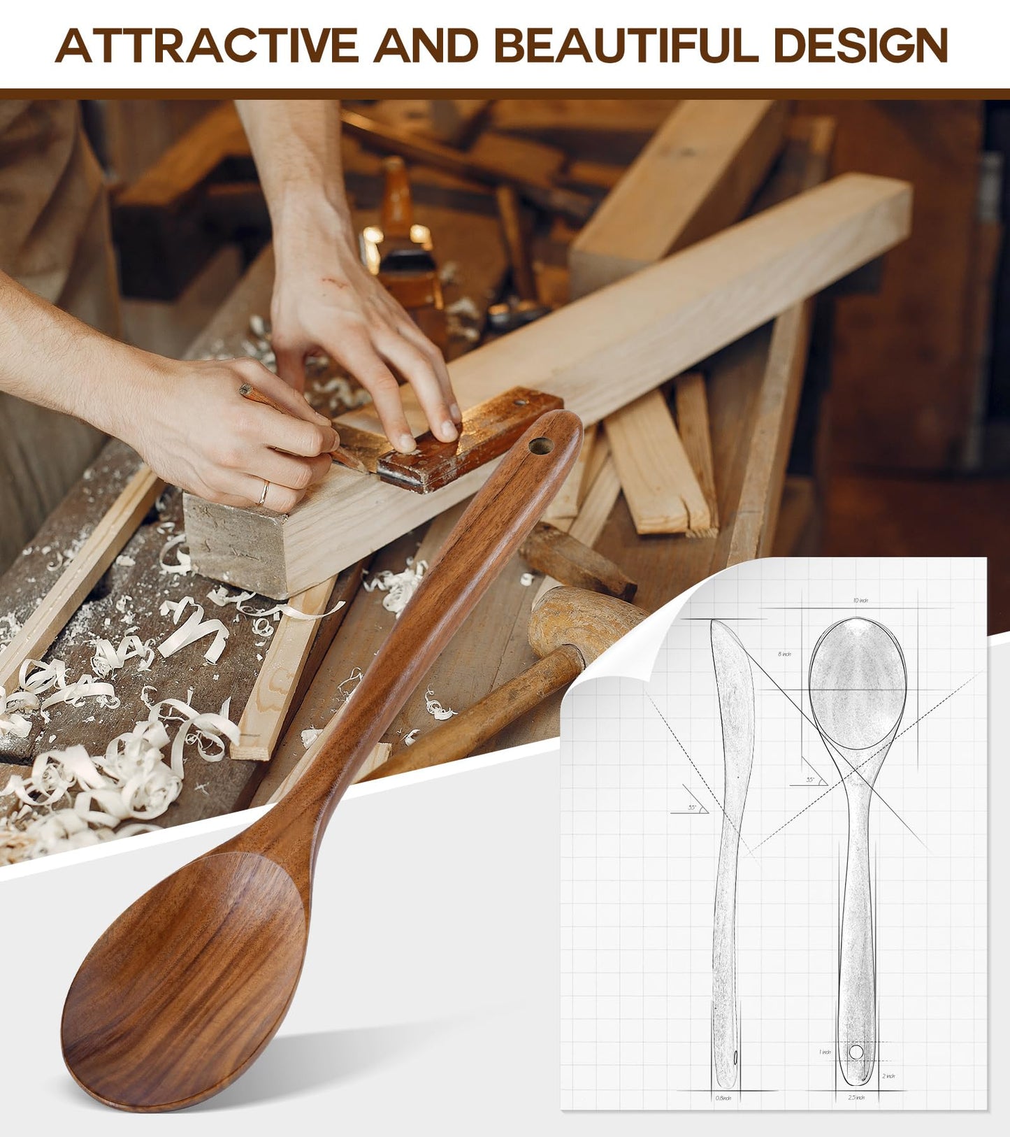 Wooden Spoons for Cooking, Natural Premium Teak Wooden Spoons, Good Grip Large Cooking Spoons and Wooden Spatula, Heat Resistant Wooden Cooking Utensils for Nonstick Cookware Serving, Perfect Gifts