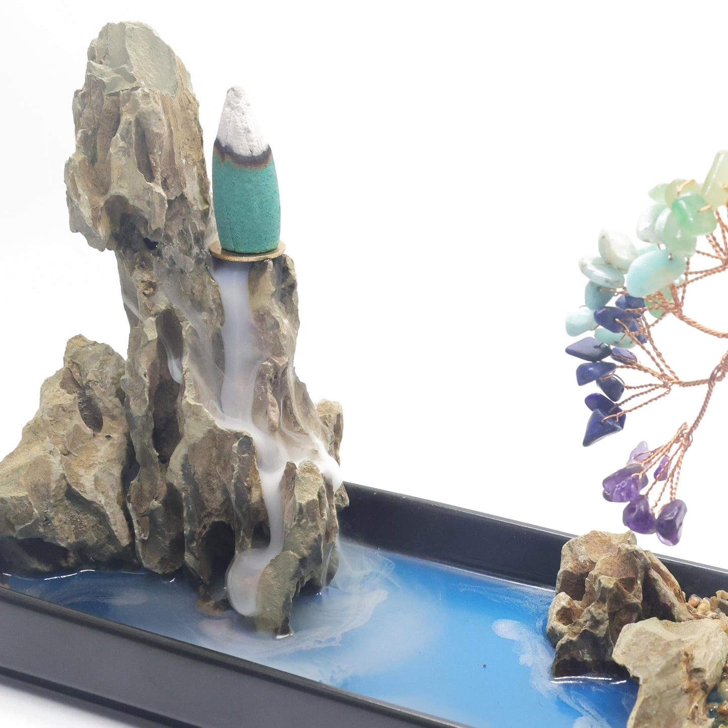 Lavoio Chakra Backflow Incense Burner – Handmade Natural Stone Waterfall Fountain with 7 Chakra Crystals – Aromatherapy Decor for Meditation, Yoga & Home Ambience (chakra tree)