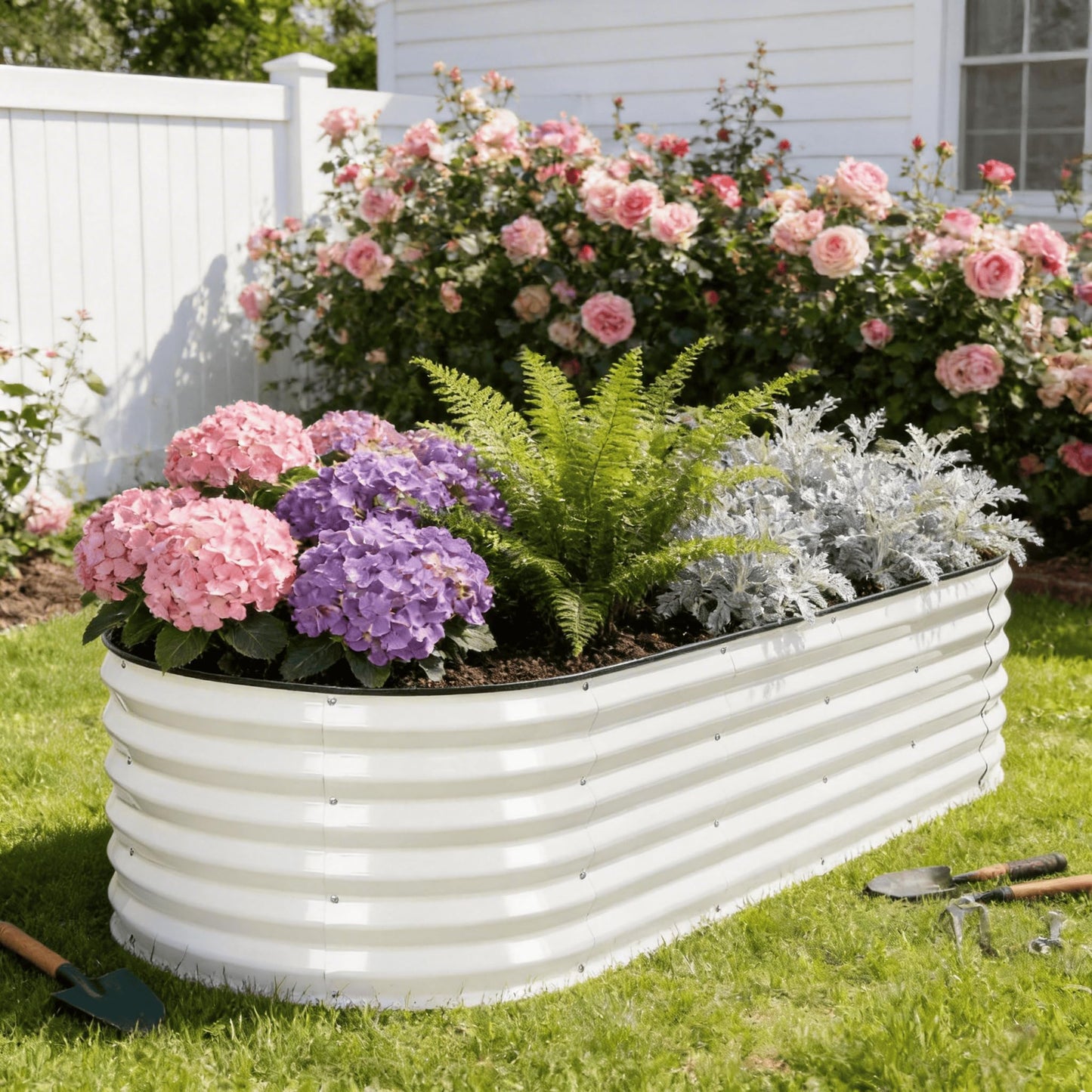 G GOOD GAIN Raised Garden Beds - 6x2x1.4ft Galvanized Planter Boxes Kit with Protective Tape & Gloves & Tools | Oval Metal Outdoor Raised Bed for Gardening Vegetables, Fruits, Flowers, Herbs, White