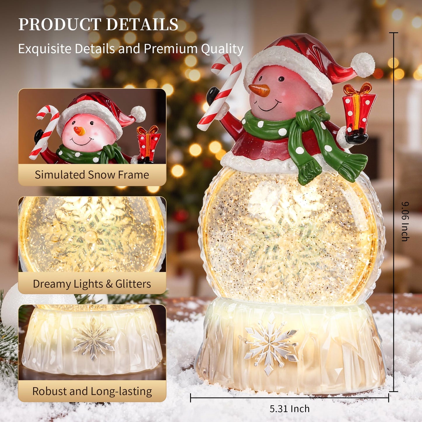 9" Lighted Christmas Snow Globe Lantern, Snowman Water Globe with Swirling Glitter, 8 Christmas Songs, USB/Battery Powered, 6H Timer, LED Holiday Tabletop Decor