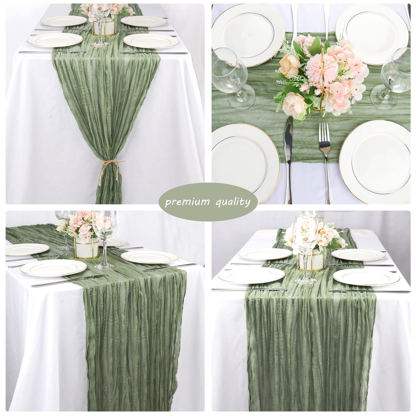 12 Pack 10Ft Cheesecloth Table Runner 35x120 Inch Boho Gauze Table Runner Cheese Cloth Long Romantic Table Runners for Wedding Bridal Shower Birthday Party Table Decor (Dusty Sage Green)