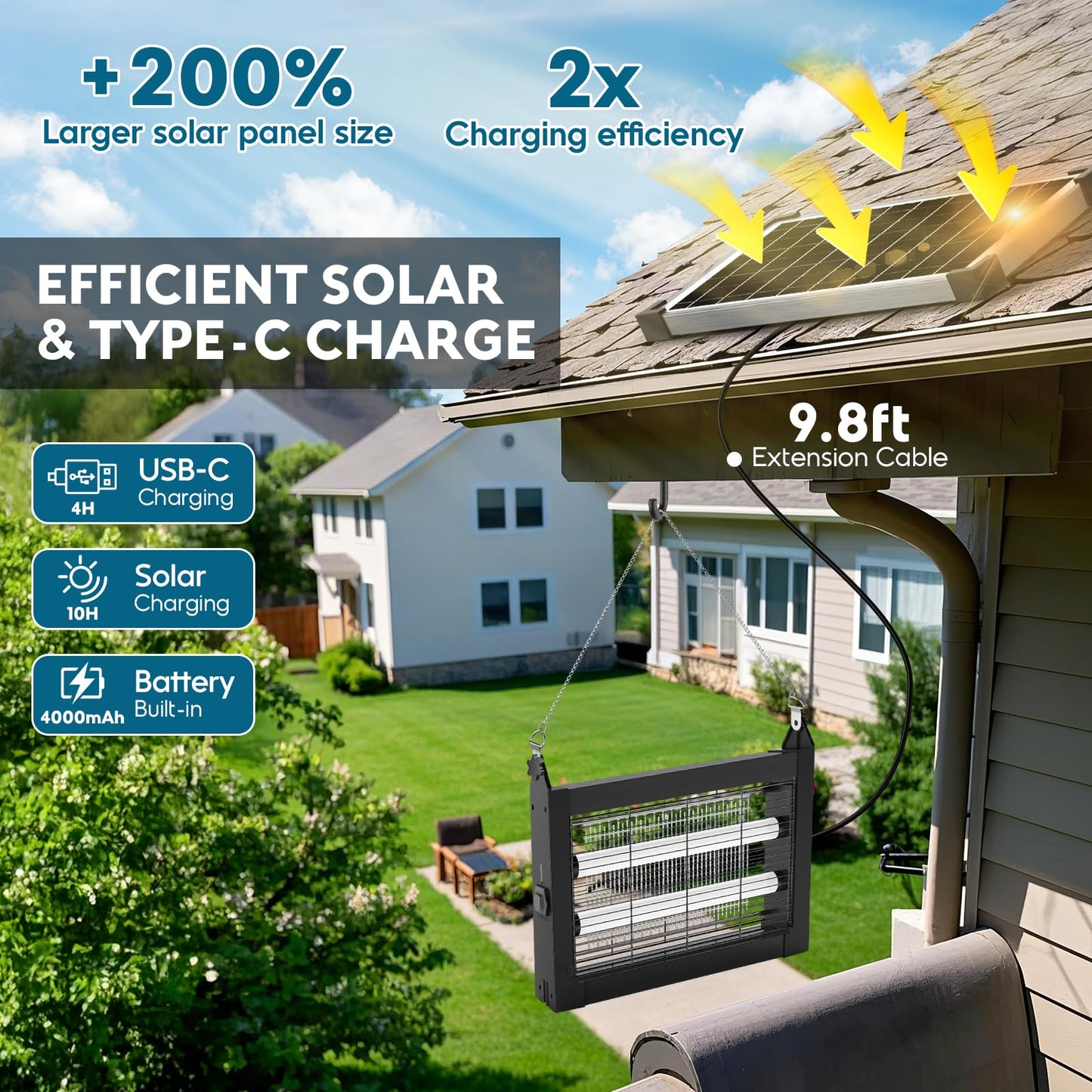 Solar Bug Zapper Outdoor, Waterproof Mosquito Zapper Outdoor Solar Powered, 4500V Electric Bug Zapper Indoor w/Smart Light Sensor, Mosquito Trap Fly Zapper for Patio Kitchen Garage Yard Camping