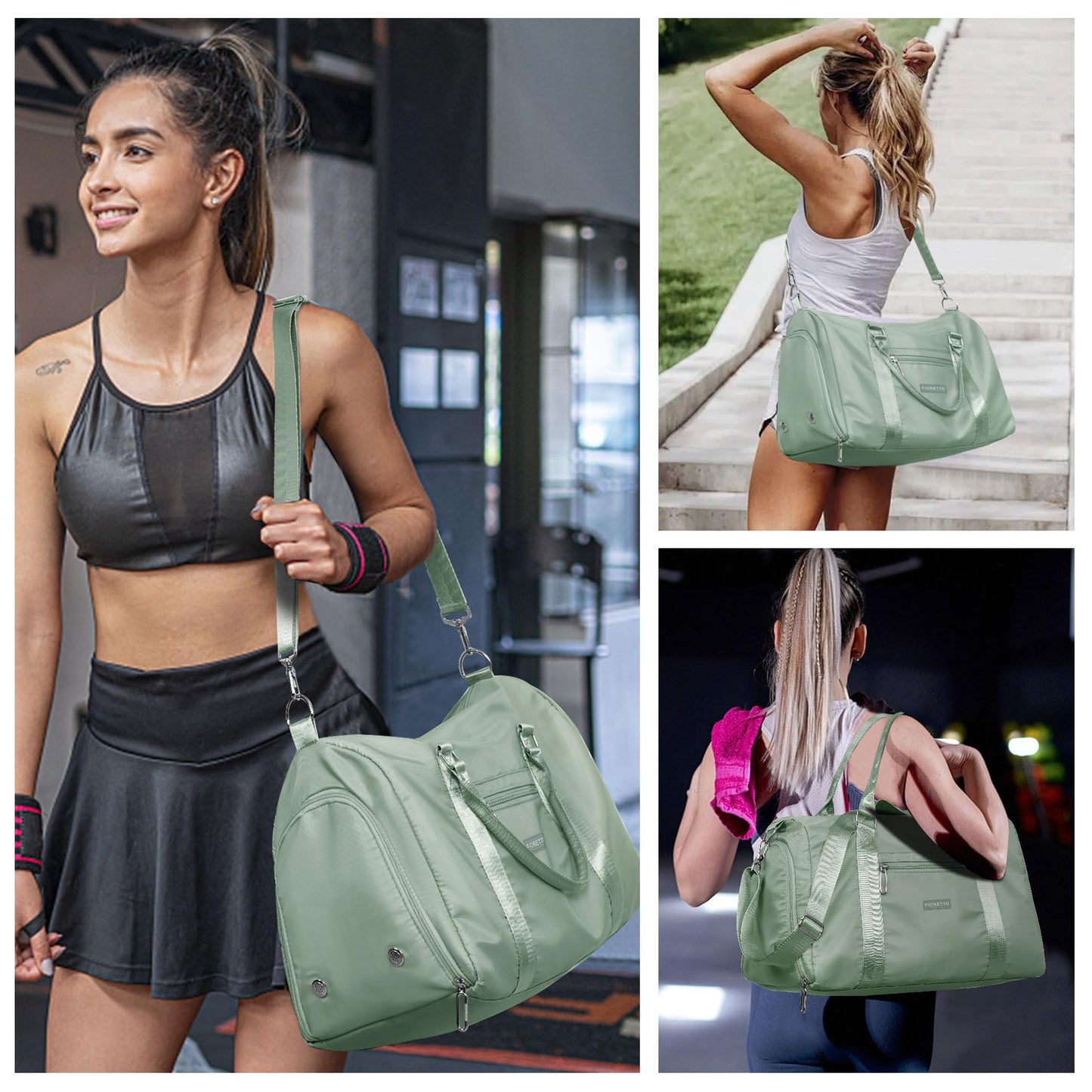 FIORETTO Womens Gym Tote Duffle Bag with Toiletry Bag, Sports Duffel Overnight Hospital Workout Carry on for Girls with Wet Pocket & Shoe Compartment, Ideal for Travel, Swimming, Celadon
