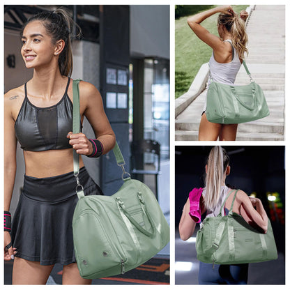 FIORETTO Womens Gym Tote Duffle Bag with Toiletry Bag, Sports Duffel Overnight Hospital Workout Carry on for Girls with Wet Pocket & Shoe Compartment, Ideal for Travel, Swimming, Celadon