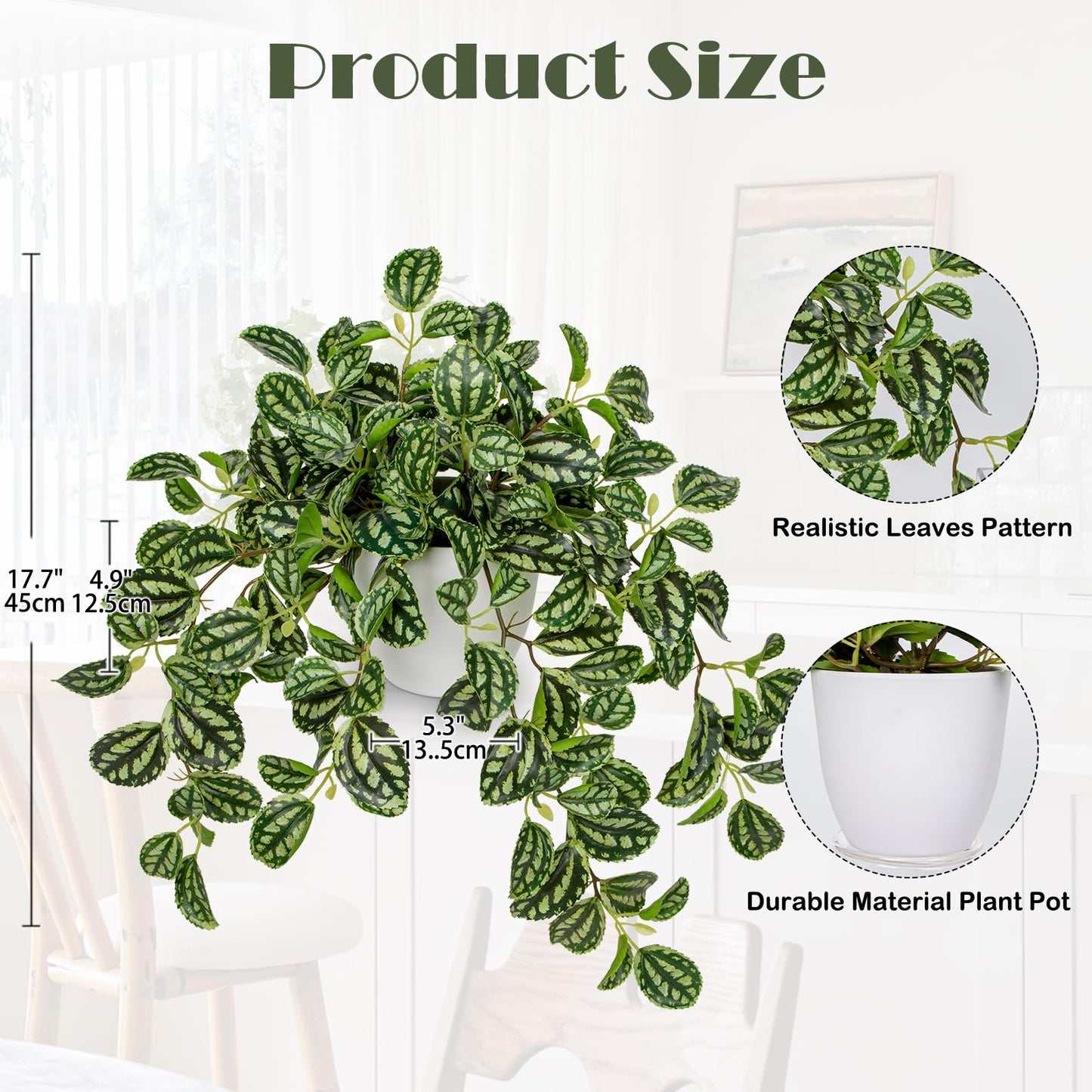 Briful Fake Plants Indoor Artificial Potted Silk Plants Faux Watermelon Peperomia Trailing Vine Plant for Home Office Livingroom Desk Shelf Mantle Decoration(Green/White - 1 Pack)