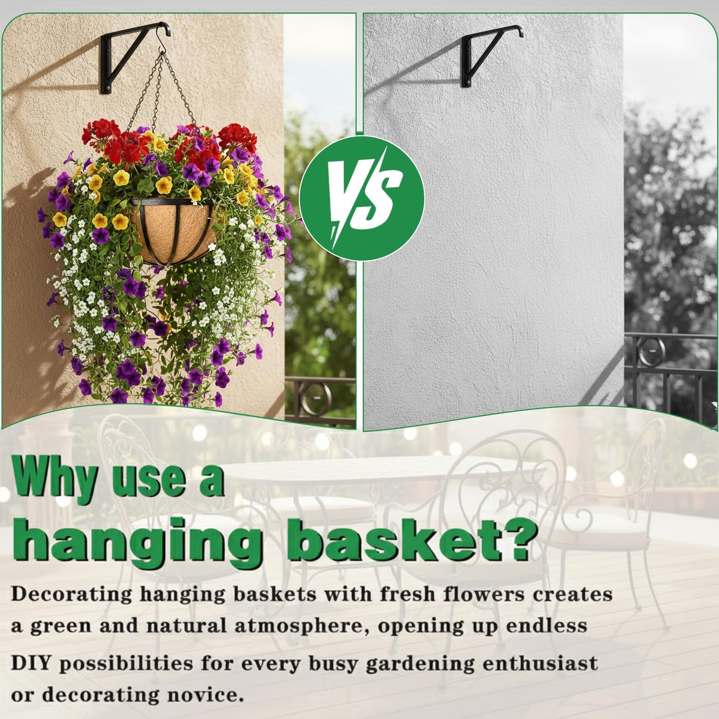 JFFLYIT 2 Pack 12 Inch Hanging Planters for Outdoor Plants Metal Hanging Planter Basket with Coco Coir Liner Round Plant Black Flat Iron Metal Flower Pots for Deck Patio Porch Garden Balcony