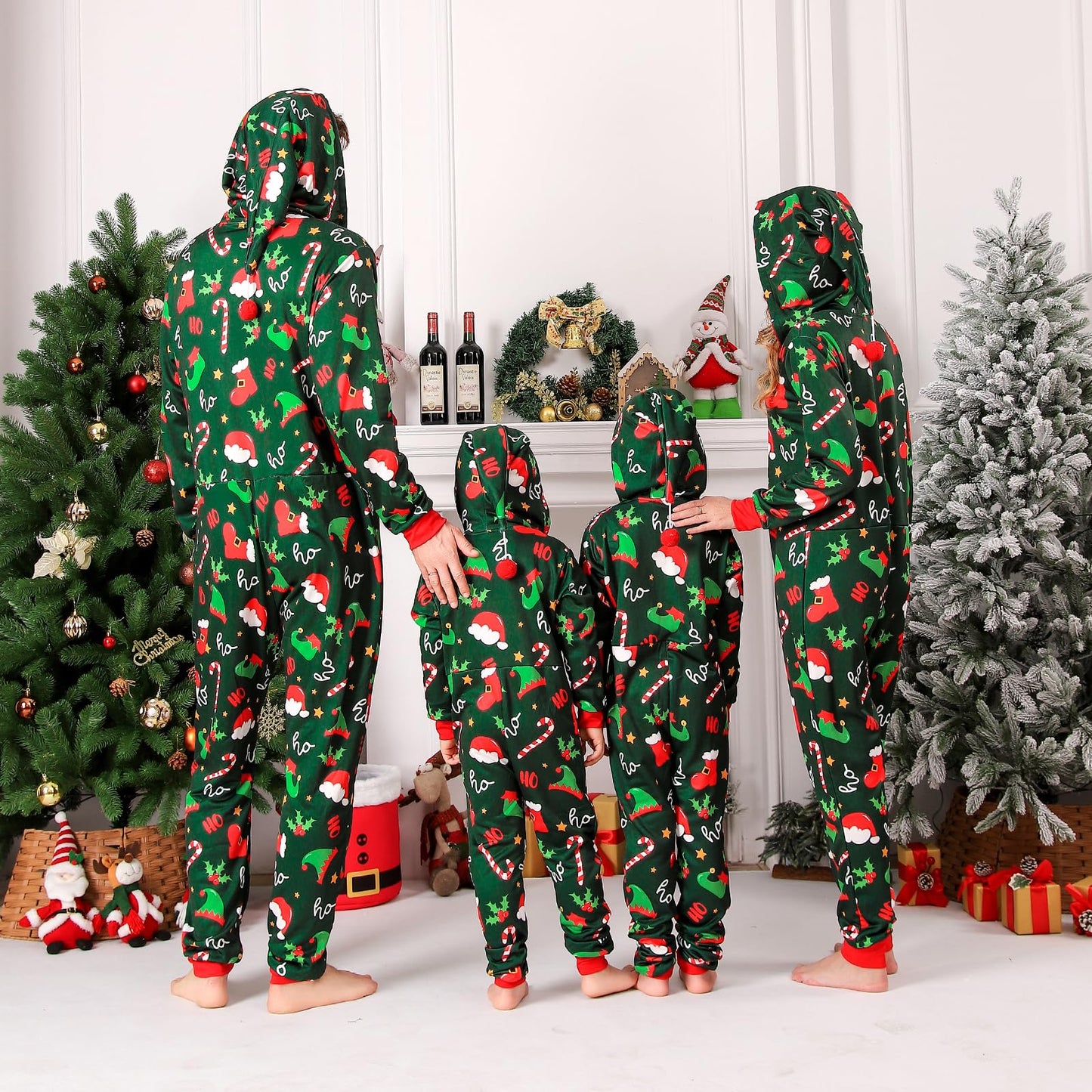 ANGELGGH Family Matching Christmas Onesie Pajamas, Vacation Cute Printed One Piece Pajamas, Xmas Hooded Holiday Sleepwear (Green Elf Hat, 8-10)