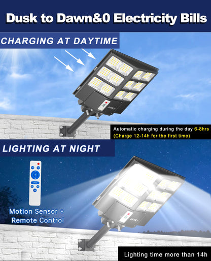 JAYNLT Y-2000W Solar Street Light, 200000LM 6500K Solar Flood Lights Outdoor Dusk to Dawn, 6500K IP67 Waterproof Parking lot Light Outdoor with Motion Sensor and Remote Control for Garage, Road