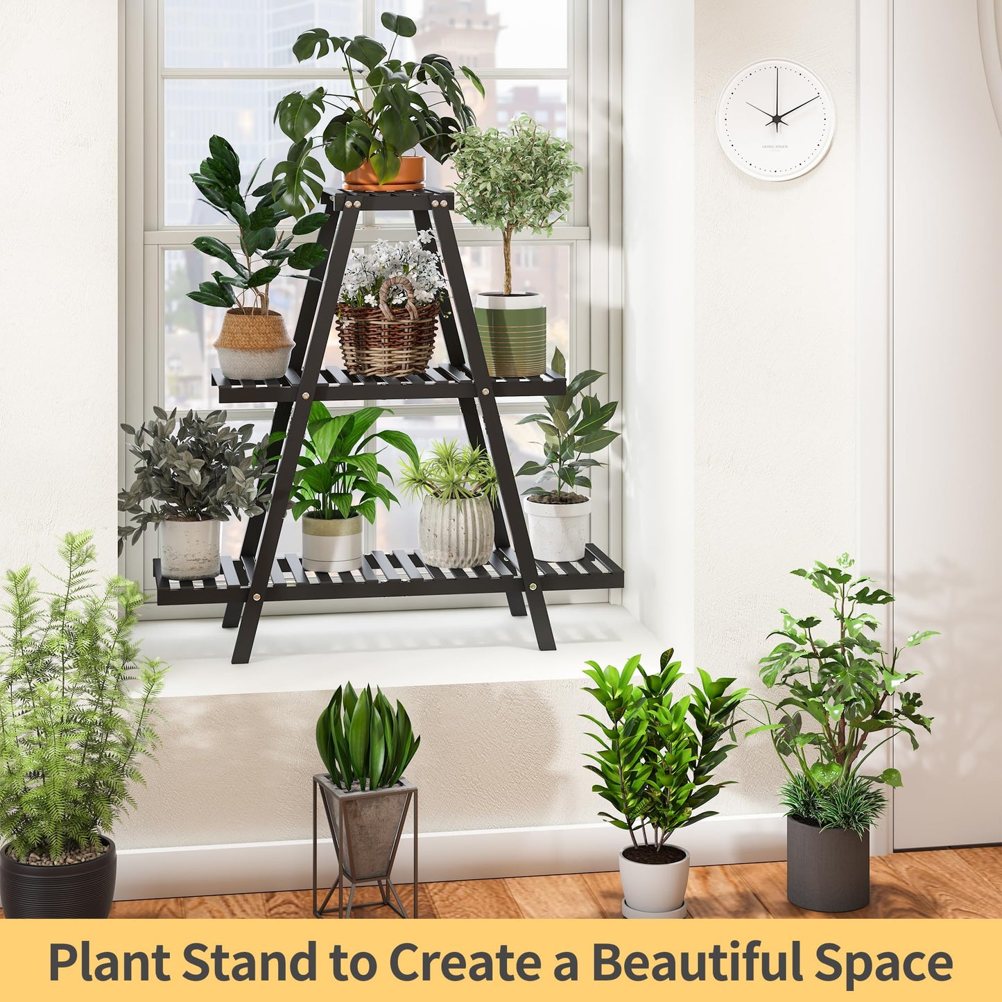 Furshus Bamboo Plant Stand Indoor/Outdoor, 3-Tier, Black, Rectangular, 8 Potted Flower Holder Ladder Plant Rack