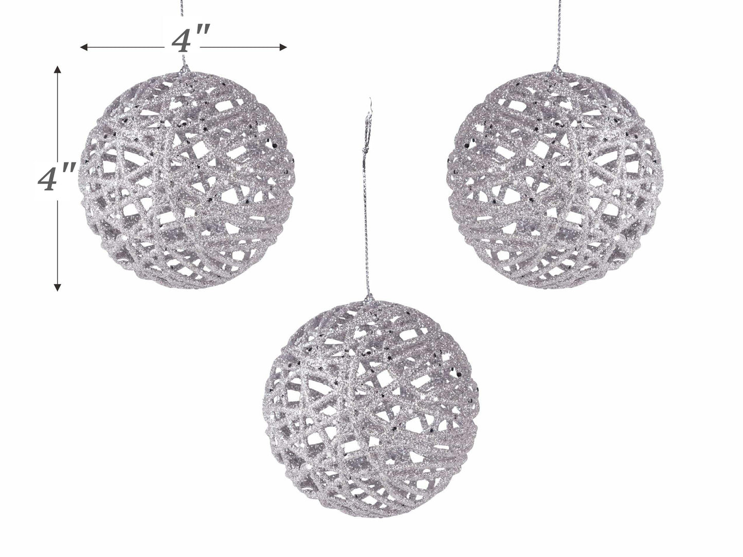 Christmas Traditions 4 inch Silver Glittered Rattan Ball Ornaments Hanging Tree Decorations (Set of 6)