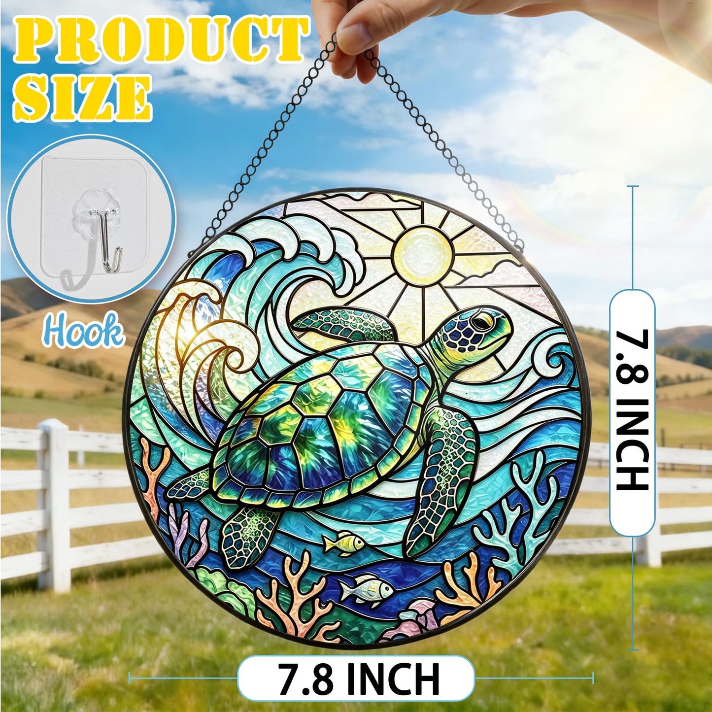 Stained Glass Window Hanging, 7.8 Inch Sea Turtle Stained Glass Suncatcher, Ocean Wave Window Hanging Ornament, Coastal Beach Decor, Sea Turtle Gifts for Ocean Lovers, Nature Lovers & Beach House