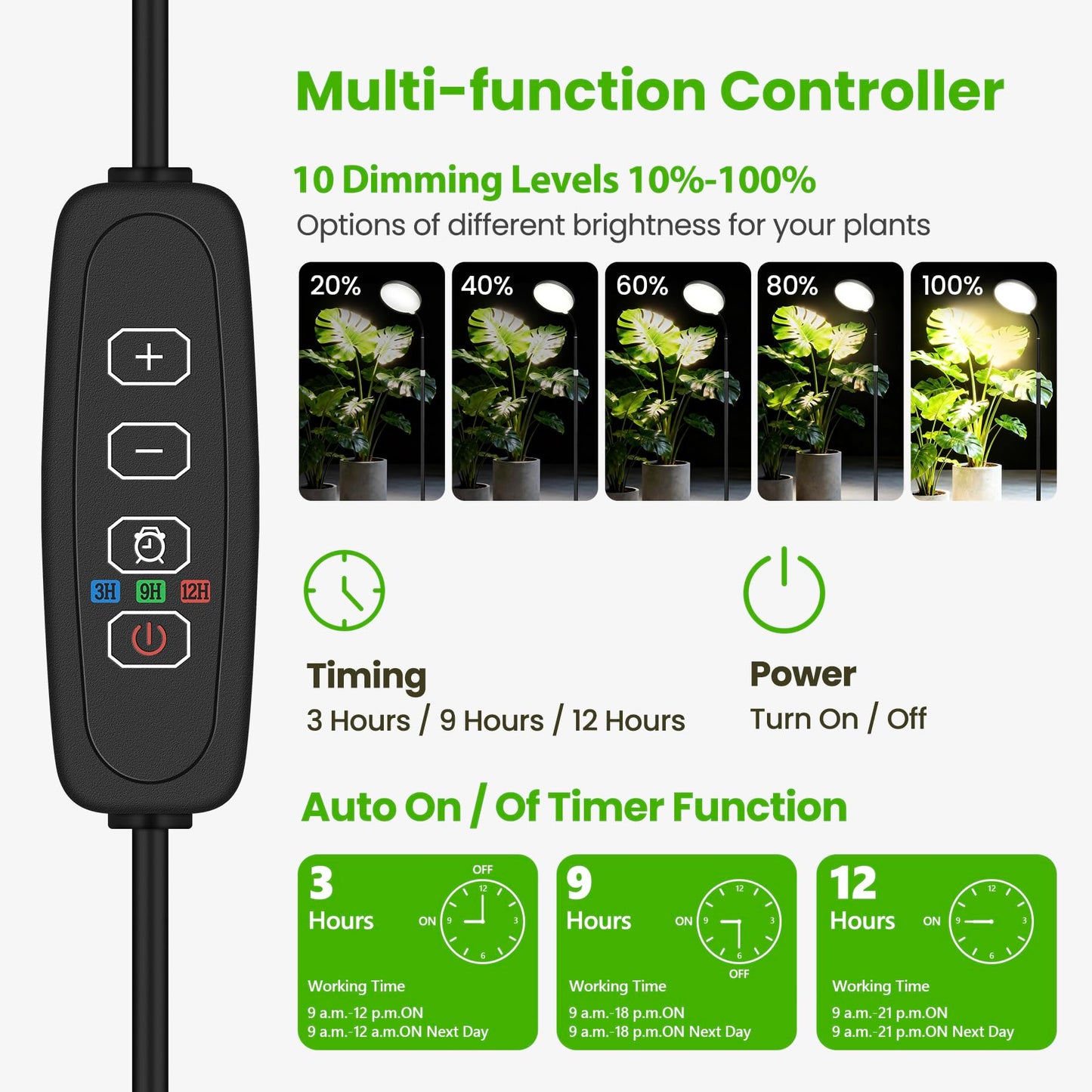 MistyJungle 20W Full Spectrum Grow Light for Indoor Plants, 63in Adjustable Floor Lamp with Gooseneck, 4000K Natural Sunlike Light, 3/9/12H Auto On/Off Timer, 10-Level Dimmable for Tall Small Plants