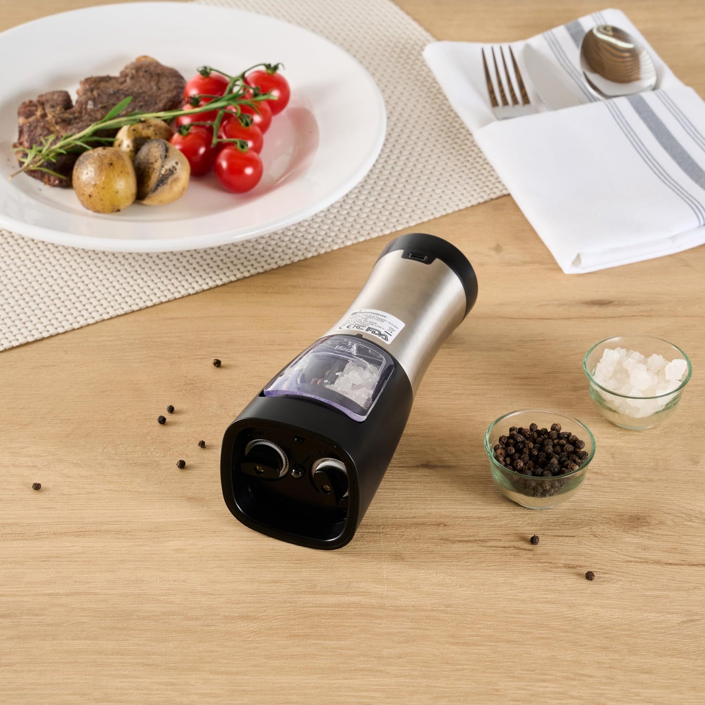 Restaurantware Electric Salt And Pepper Grinder Set 1 Case 2.8 x 2.8 x 7.9 Inch Stainless Steel Cordless Spice Mill With Adjustable Coarseness And LED Light Black Finish