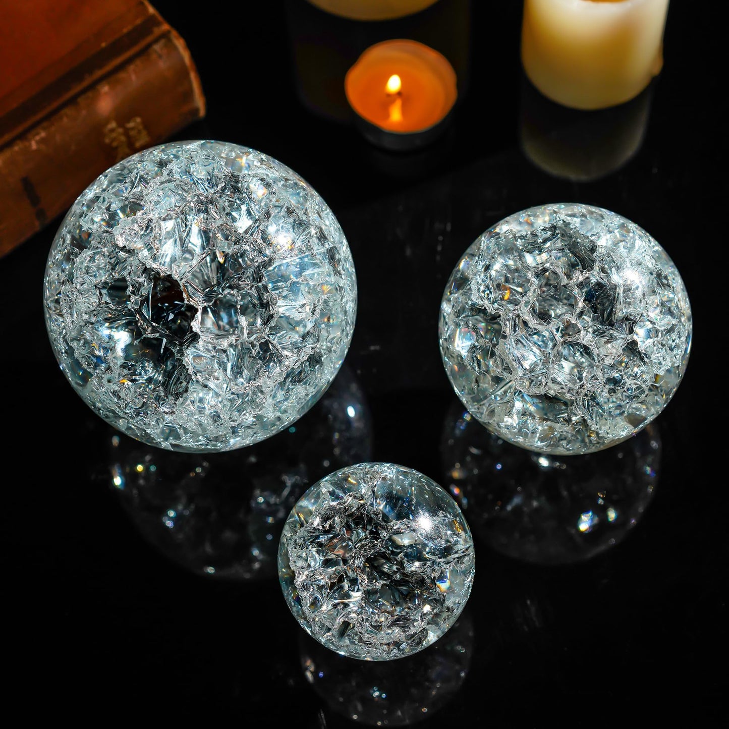 ZEERSHEE 3pcs Clear Ice Crack Glass Orb Set with Display Stands, 2.4"/3.1"/3.9" Decorative Art Spheres for Home Decor, Office Desk Accent, Bookshelf Styling and Gift Giving