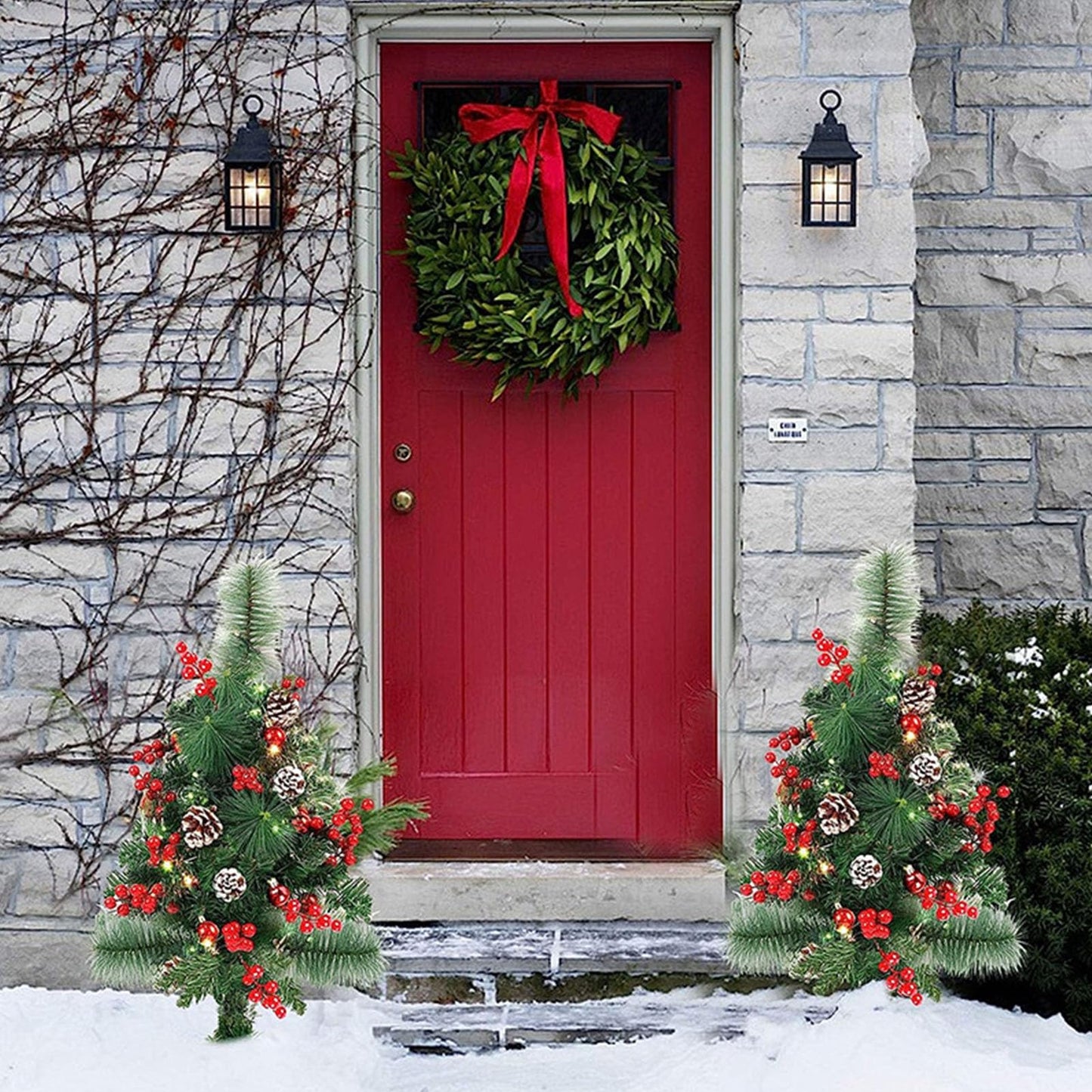 Prelit Artificial Christmas Trees Lights 17.2 Inch Solar Christmas Tree Pathway Lights with Stake Red Berries Pinecones Waterproof Xmas Urn Filler Solar Stake Lights Garden Decor(1Pcs/Solar Powered)