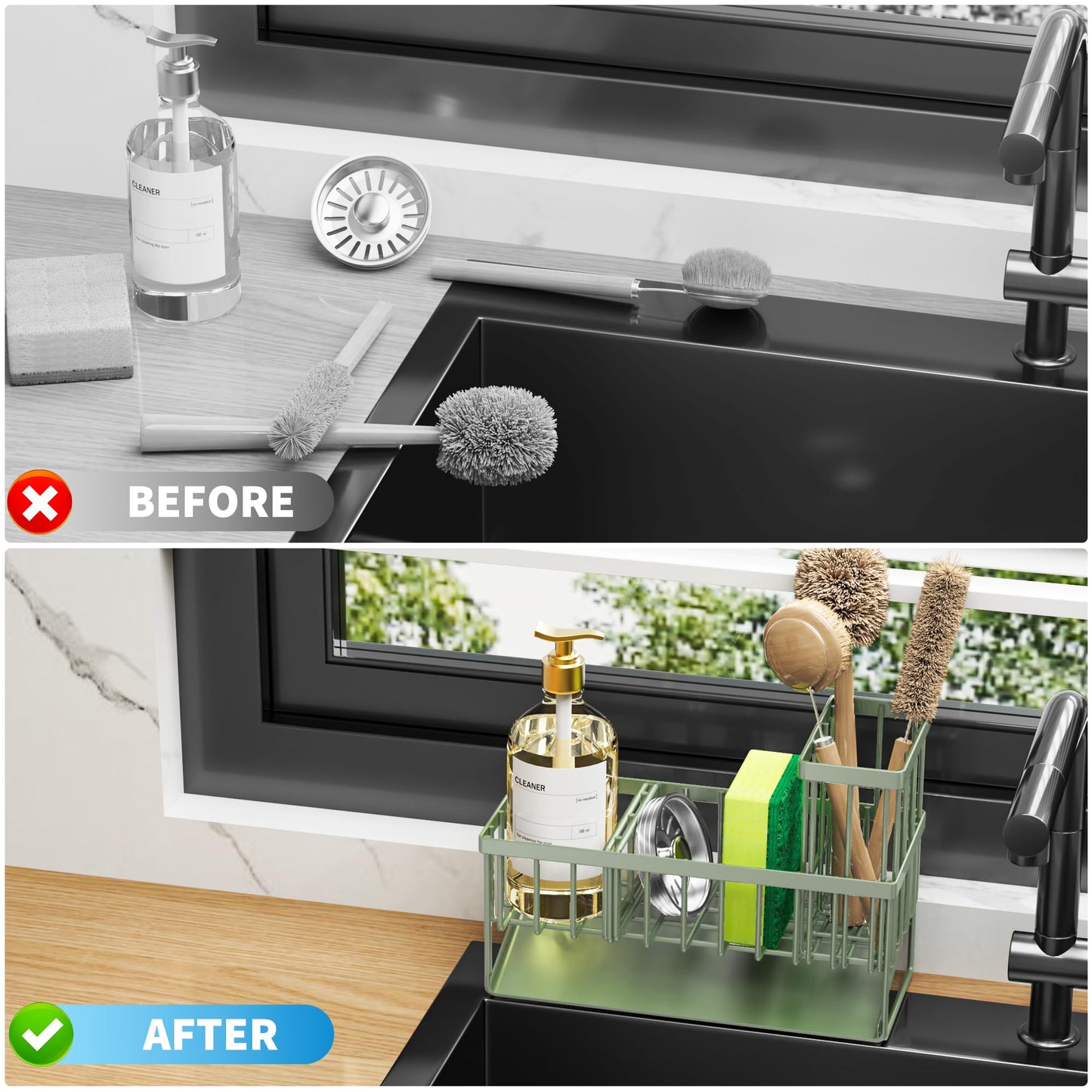 Cisily Kitchen Sink Caddy Organzier with High Brush Holder, Sponge Holder for Sink, 304 Rustproof Stainless, Kitchen Countertop Soap Dispenser Organizer, Kitchen Decor and Accessories