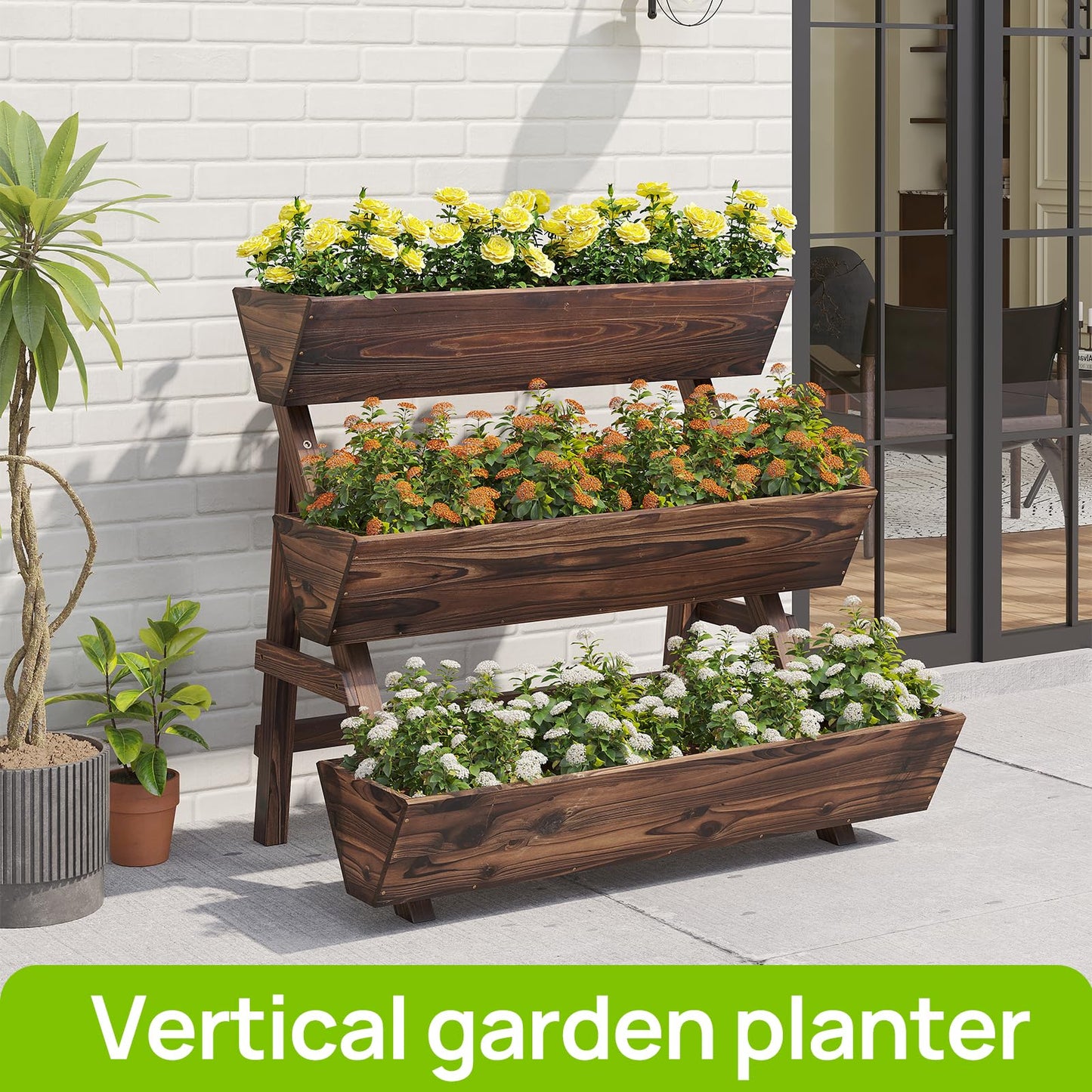 Dawnyard 3-Tiers Wooden Raised Garden BedPlanter Box Gardening Outdoor Planter Box Patio Kit Tiered Planter Box Vertical Garden Planter Wood Plant Stand for Patio, Balcony, Freestanding (Carbonized L)