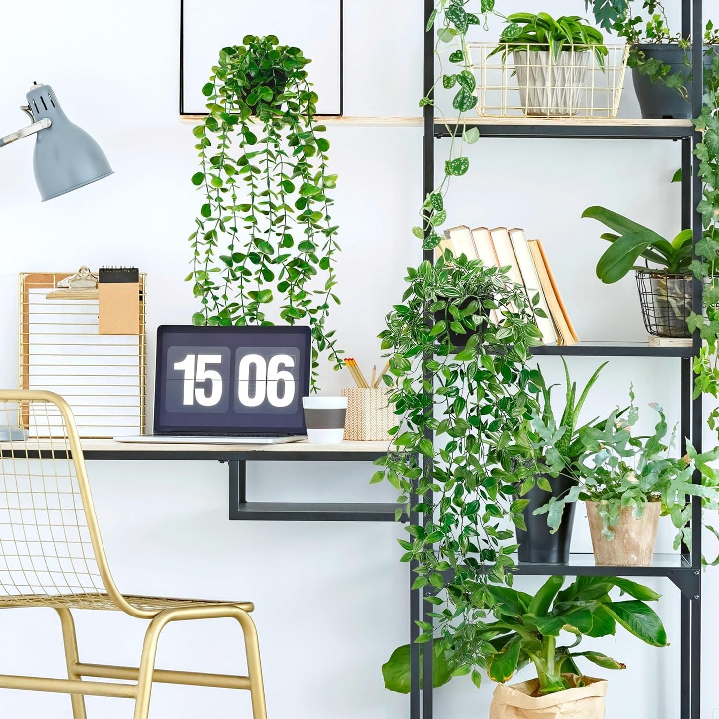 Palonu 4 Pack Faux Artificial Hanging Plants, Fake Potted Greenery with Eucalyptus Vine, Mandala, Pea Pod Leaves & String of Pearls in Pots for Office, Living Room, Bathroom, Indoor & Outdoor Décor