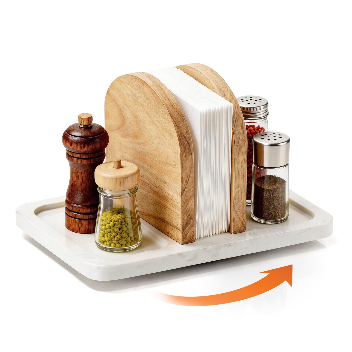 Joapsinn Rotating Napkin Holder for Table, Napkin Dispenser with Marble Base & Wood Divider, Napkin Holder with Salt and Pepper Shakers Caddy for Kitchen Dinner Table Decor - Shakers Not Included