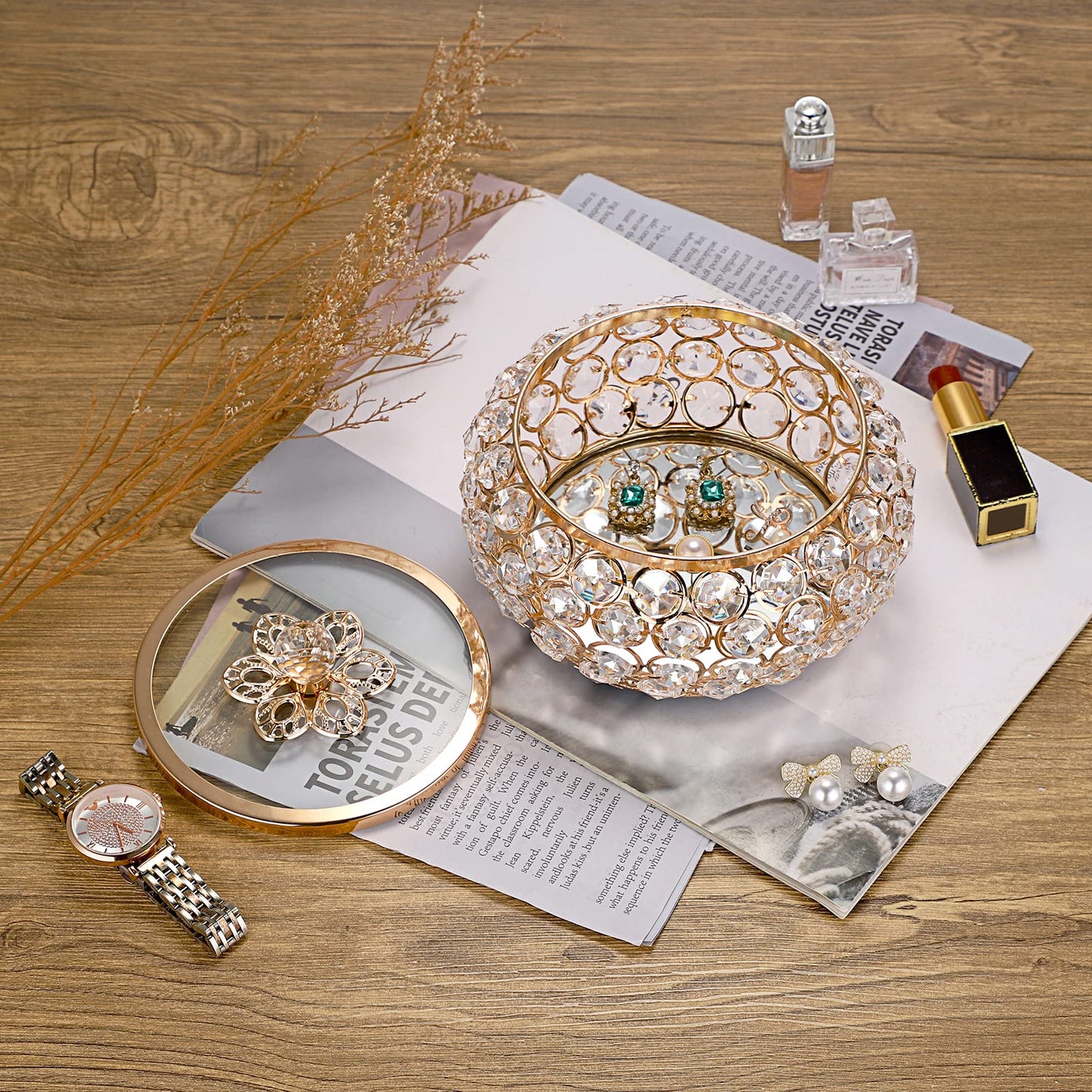 Hipiwe Crystal Jewelry Trinket Box with Glass Lid Large Gold Mirrored Treasure Box Decorative Jewelry Box Ring Earrings Necklace Storage Keepsake Box Gift for Women