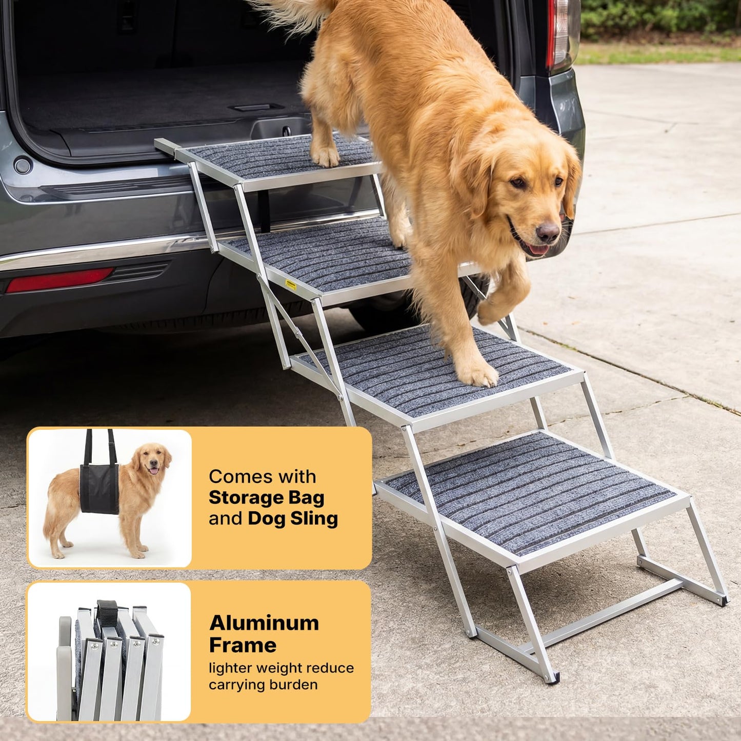 Veehoo Extra Wide Dog Steps for Car SUV Truck Foldable, 4 Steps Portable Aluminum Dog Stairs for Injured Senior Large Dogs 20" Wide, Heavy Duty Pet Ramp Ladder with Non Slip Surface, up to 170lbs
