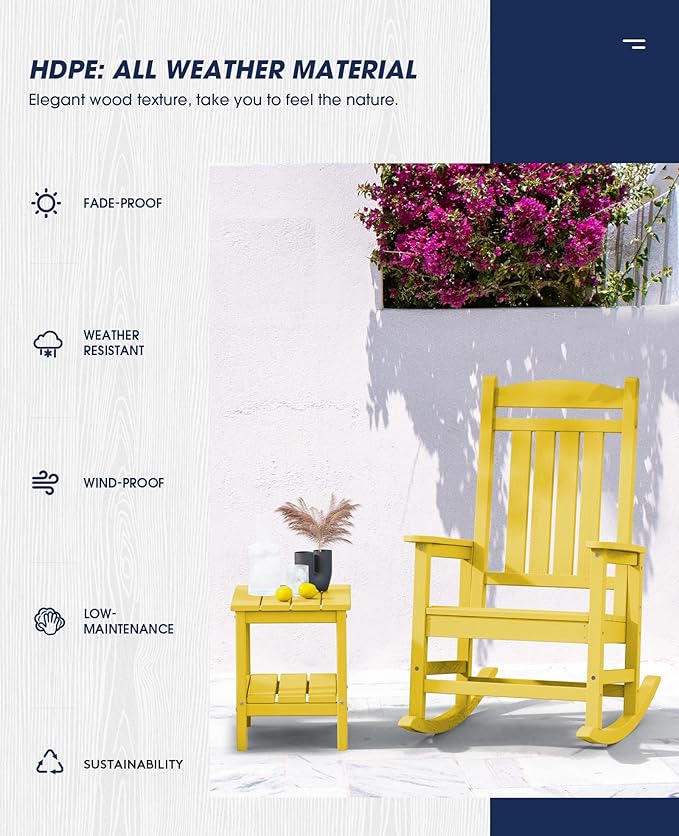KINGYES Outdoor Rocking Chair Set of 2, High Density Polyethylene Patio Rocking Chairs with 330lbs Support for Adults, Yellow