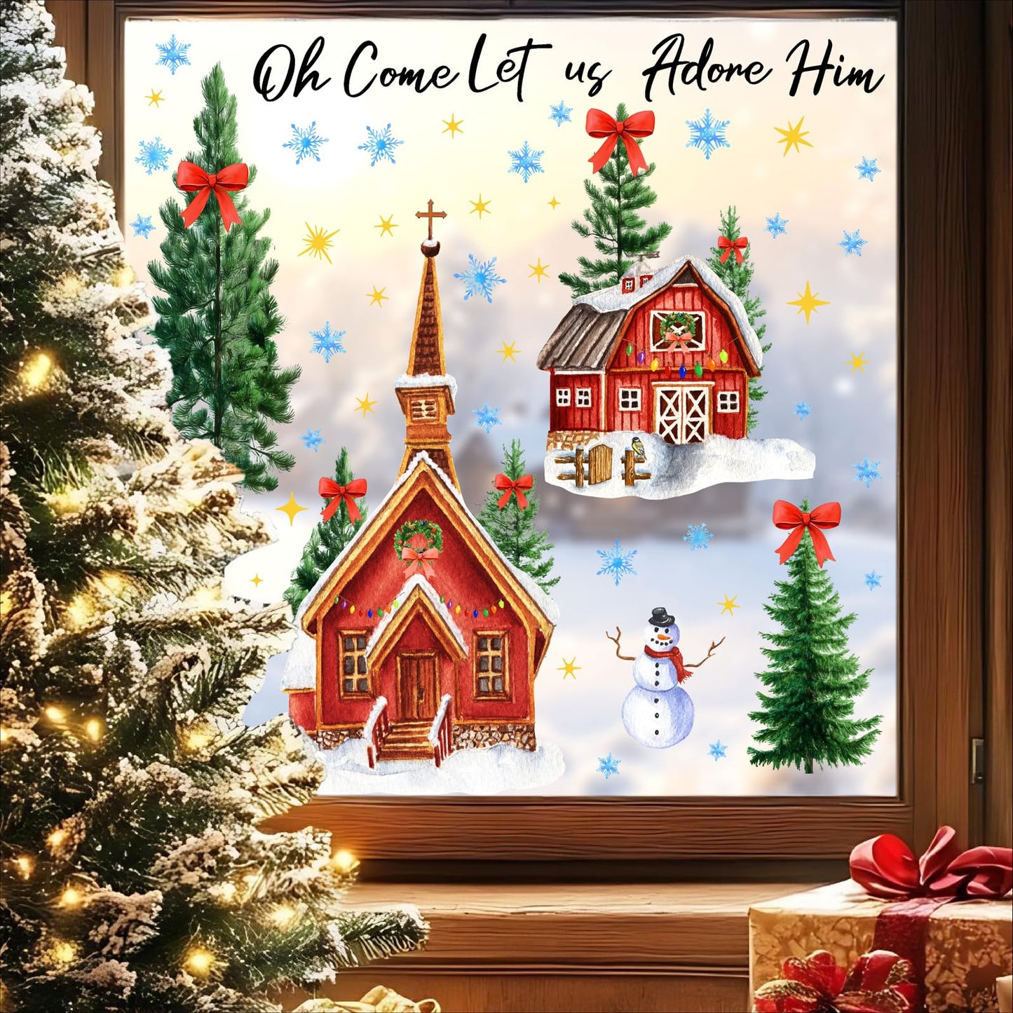 Large Christmas House Wall Stickers Christmas Pine Tree Window Wall Decals Winter Snowflake Snowman Tree House Window Stickers Holiday Windows Decals Removable Xmas Party Decorations