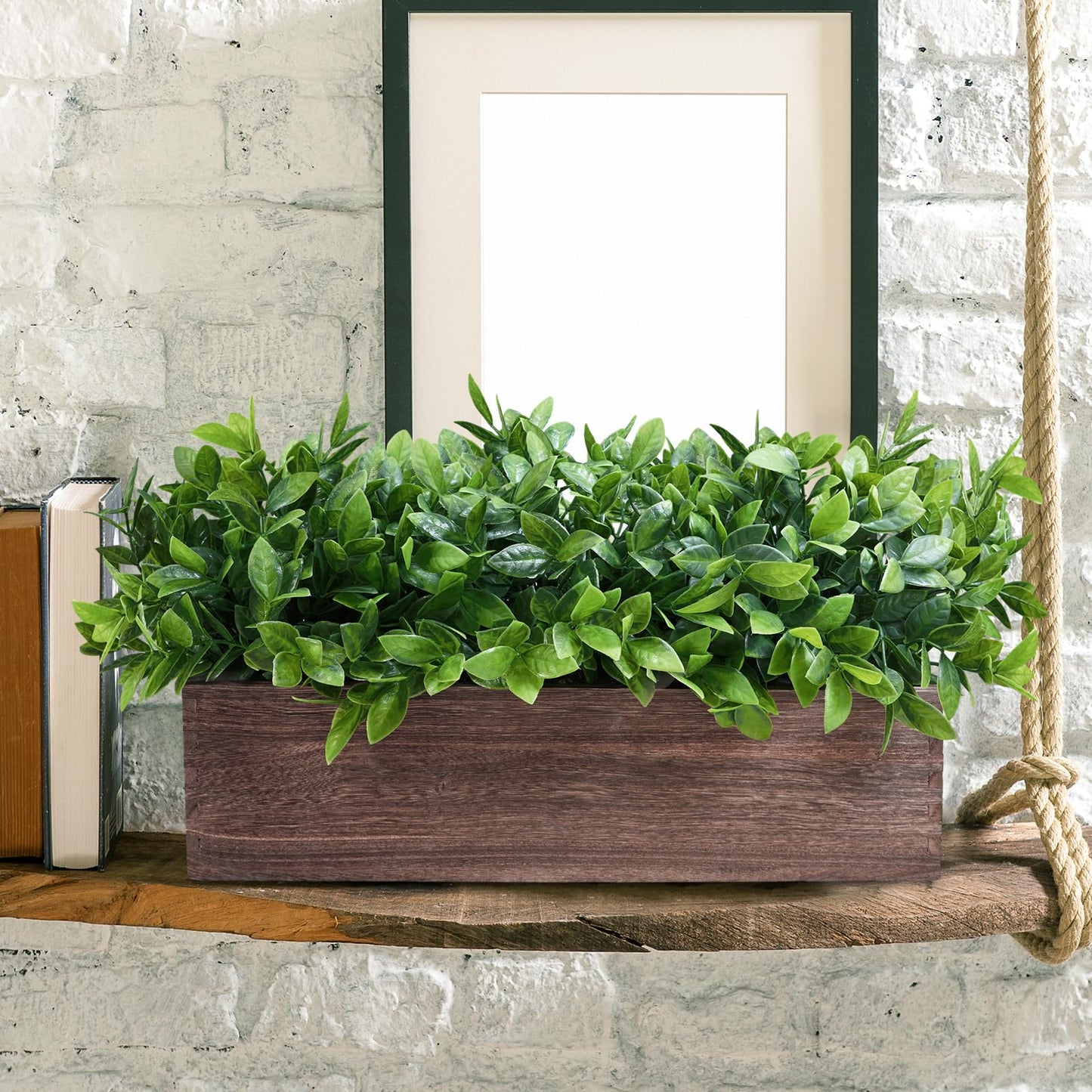 Winlyn 14" Artificial Boxwood Plants in Rectangular Wood Planter Farmhouse Greenery Arrangement Centerpiece Faux Potted Herb Plant for Wedding Dining Room Table Kitchen Windowsill Mantel Shelf Décor