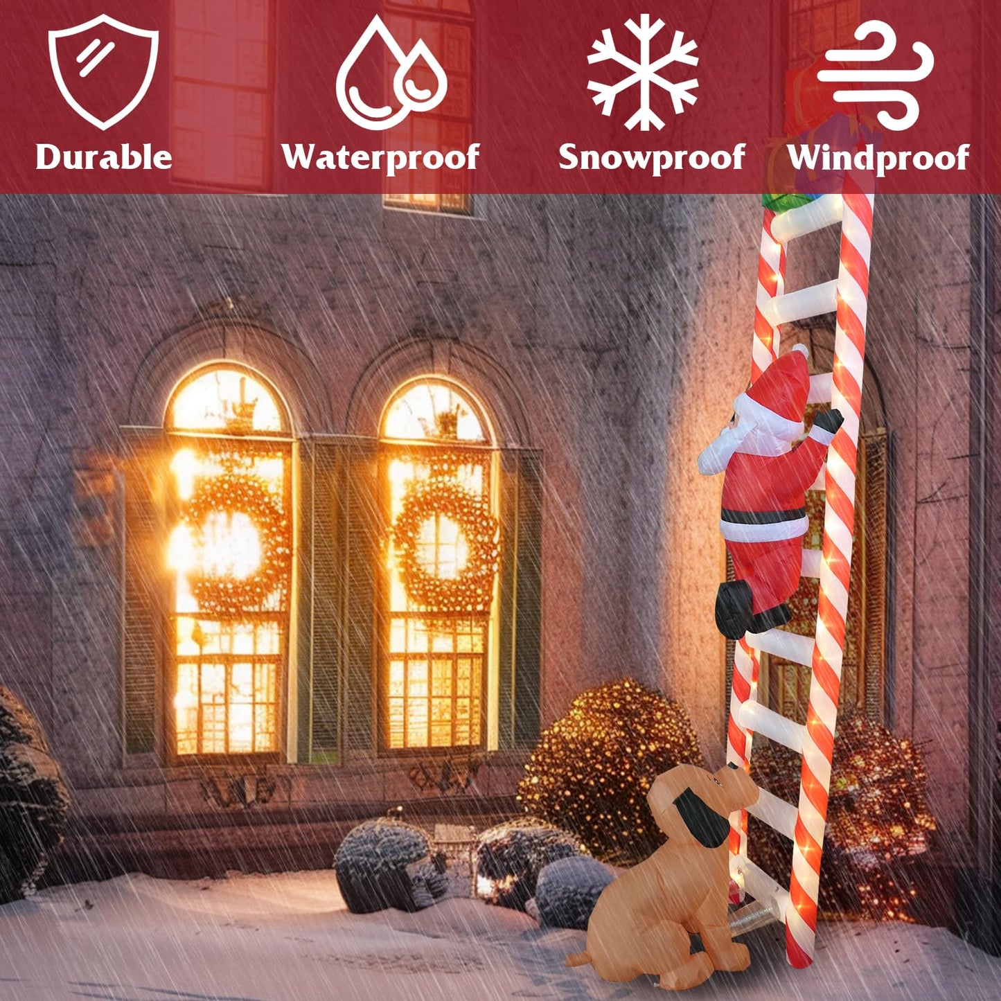 9 FT Hanging Christmas Inflatables Decorations with Led Light, Santa Claus Chased by A Dog Climbing Ladder, Funny Blow up Christmas Ornaments, Xmas Holiday Decor for Party Outdoor Yard Porch Roof