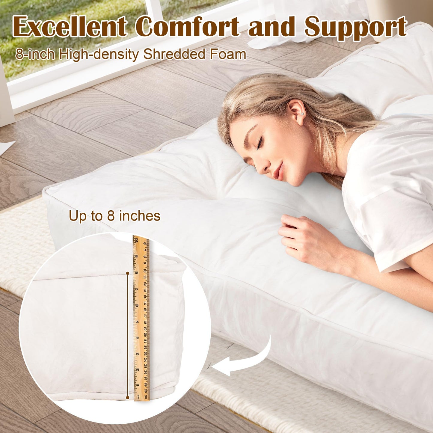8" Futon Mattress Full Size, Floor Mattress for Adults, Foldable Sofa Couch Bed with Shredded Foam Filling, Comfy Sleeping Mat for Guest, Camping, Dorm, White(Frame Not Included), 54" x 80"