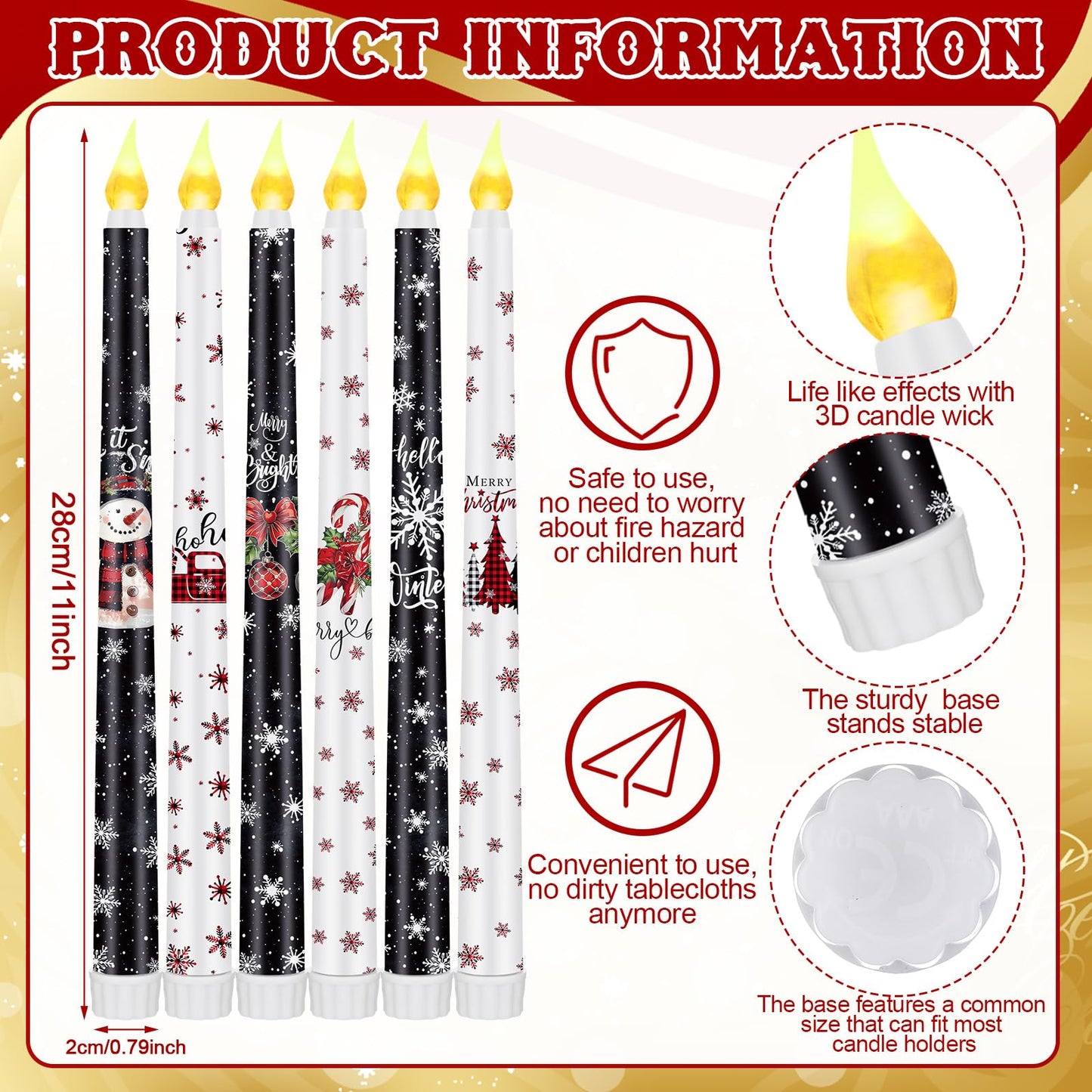 Aurelema 6 Pcs Winter Flameless Candle Set Snowflake LED Flameless Taper Candles with Remote Timer Black and White Celebration Candles with Battery Operated for Christmas Winter Gifts Home Decor