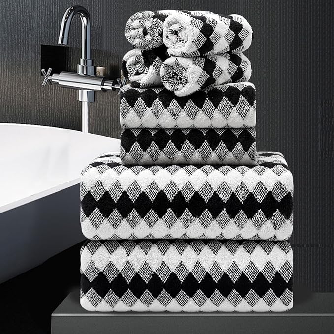 8 Piece Bathroom Towel Set Black White|2 Oversized Large Bath Towels Sheet