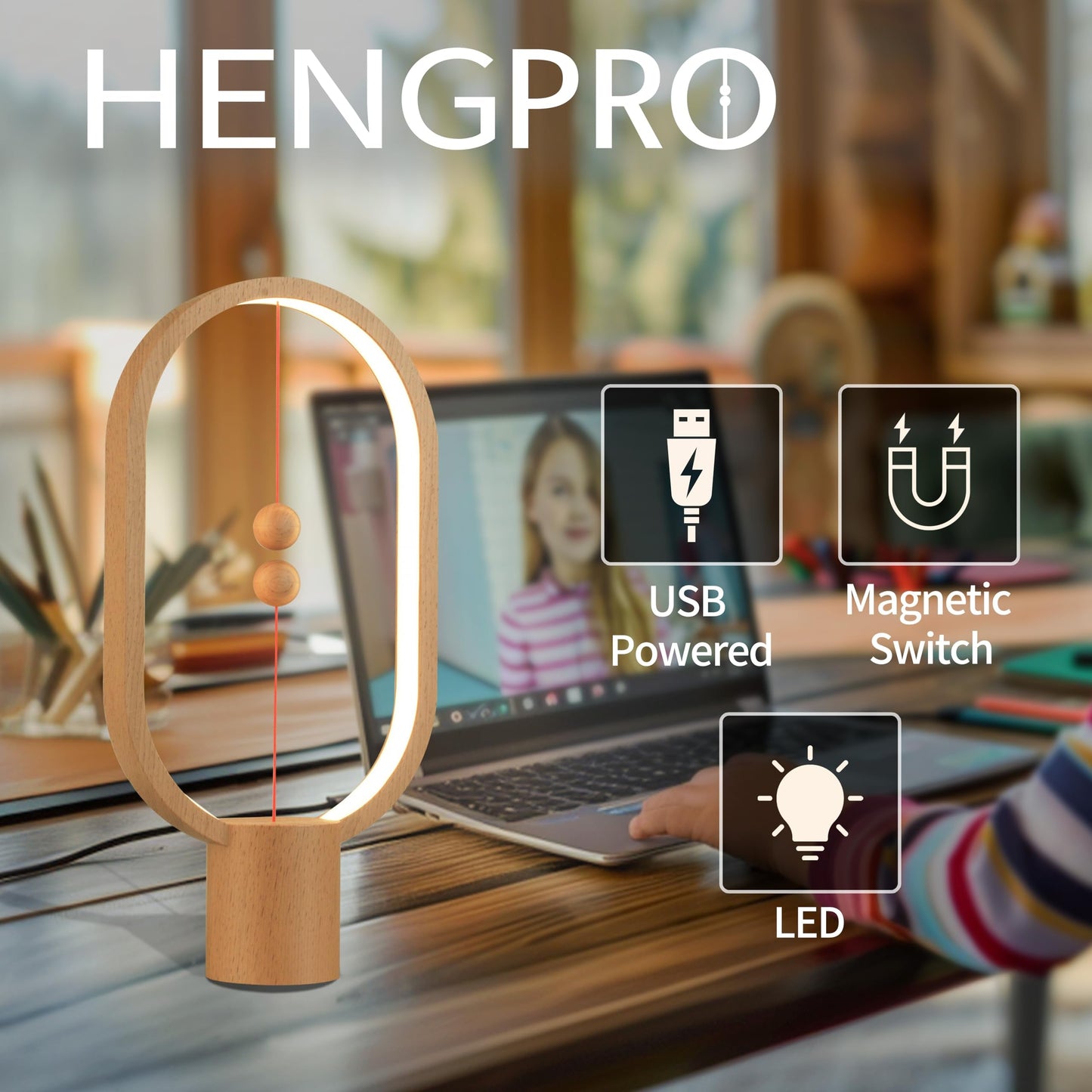 Leisure Stay Heng Balance Table Lamp, LED Magnetic Lamp，Creative Design,Bedside Light with Touch Dimmer, Eye-Care Table Light for Bedroom(Wood)