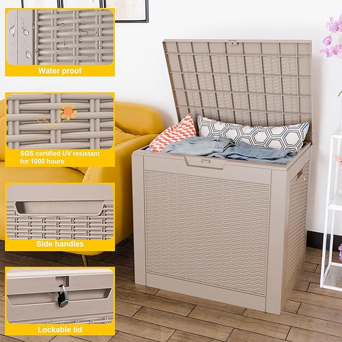 37 Gallon Outdoor Deck Box, Lockable Waterproof Outdoor Storage Boxes For Garden Tools,Indoor Cushions,Accessories Outside Storage Resin Weatherproof Container(Grey)
