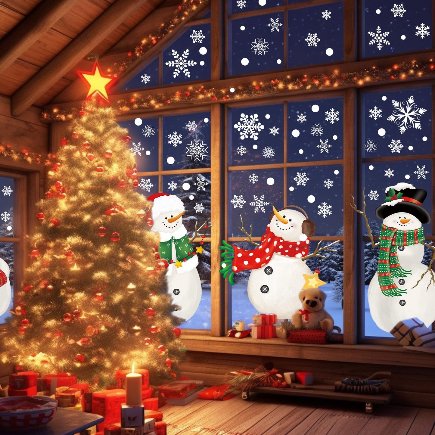 128 PCS Large Christmas Window Clings Snowman Snowflake Stcikers for Christmas Window Decorations