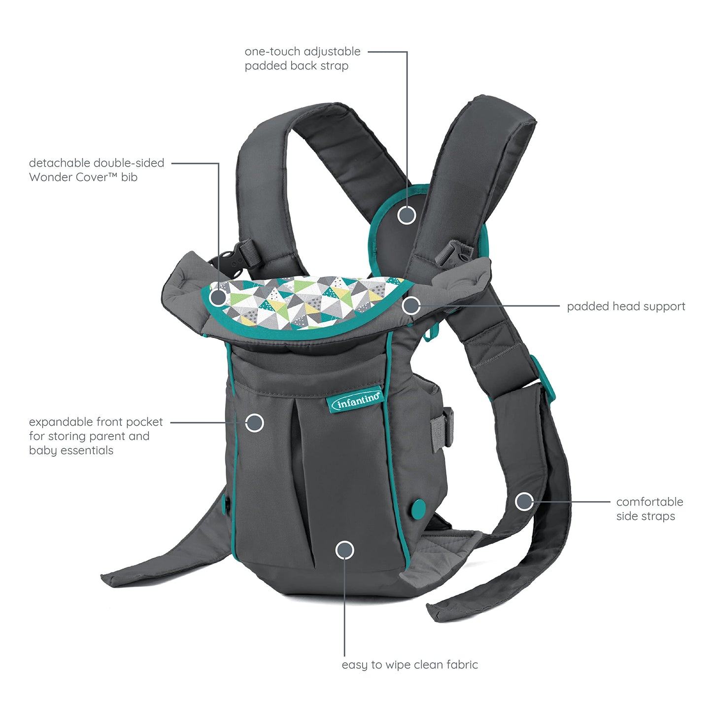 Infantino Swift Classic Baby Carrier, 2 Ways to Carry with Wonder Cover Bib, Adjustable Strap, Registry Essential, Baby Carrier for Newborn to Toddler 3,18-11,79kg, Gray