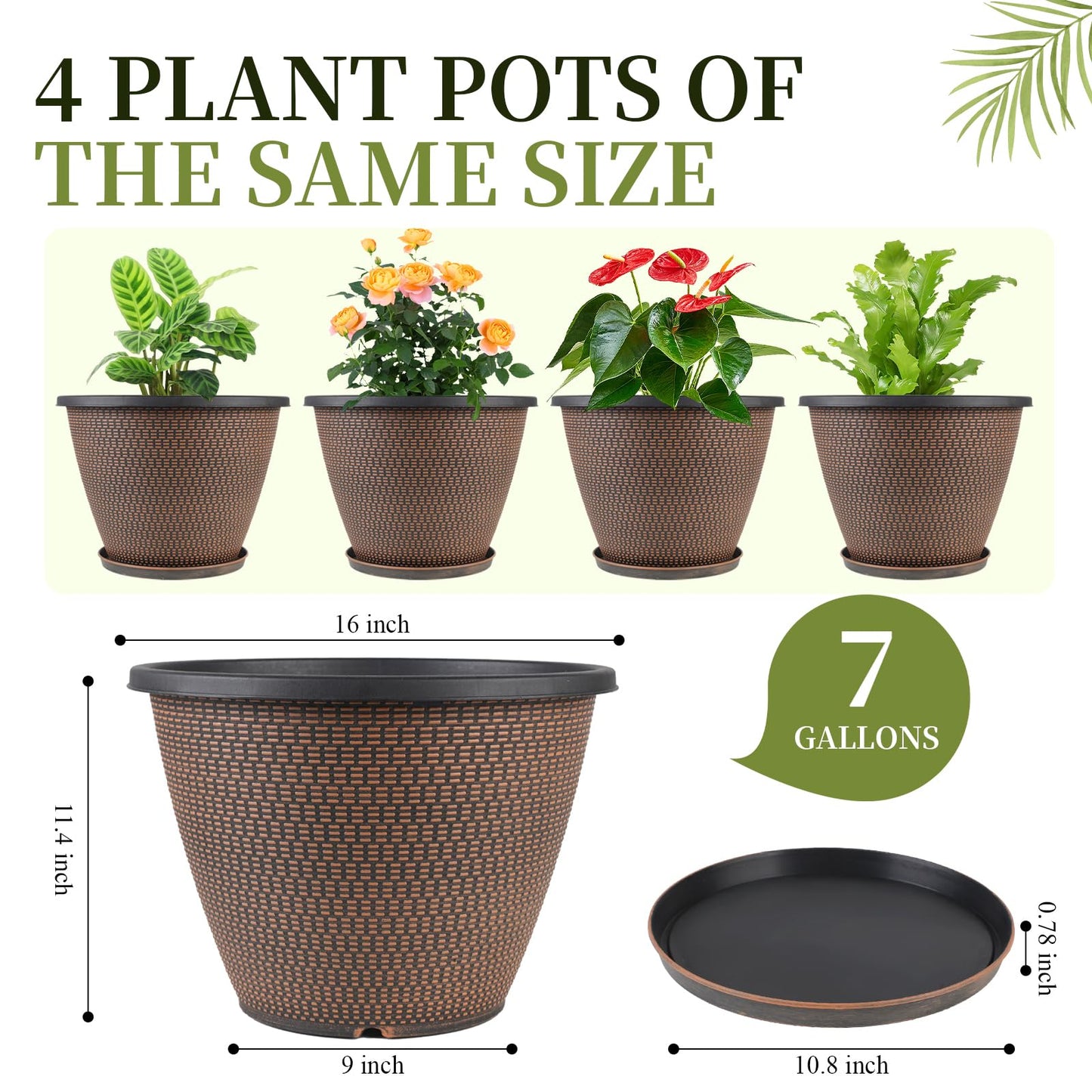 16 inch Plant Pots, Large Planters for Outdoor Plants Set of 4, Round Plastic Flower Pots with Drainage Holes & Trays, Modern Decorative Indoor Garden Pot, Plant Container for House (Black Copper)