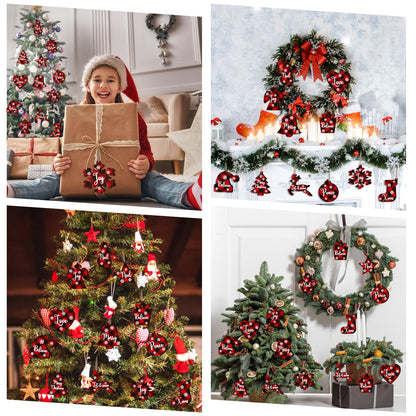 36 Pieces Christmas Buffalo Plaid Ornaments Christmas Tree Wooden Hanging Decor Black and Red Wooden Christmas Ornaments Reindeer Snowman Plaid Christmas Tree Decorations(Multiple Style)