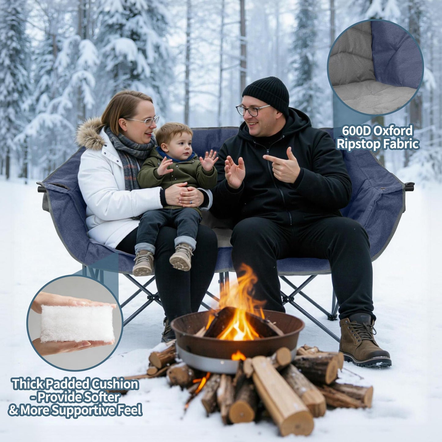 HOMECALL Oversized Double Camping Chair for Adults - Heavy Duty Folding Loveseat Support 700 lbs, Extra Wide 2 Person Camping Couch with Thick Padding, Cup Holders & Storage Bag, Blue