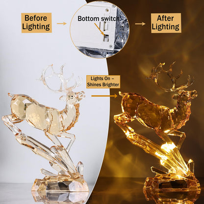 Luxury Acrylic Reindeer Figurine with LED Light for Christmas Decor, Elegant Transparent Crystal-Like Deer Sculpture for Table Shelf Mantel, Reindeer Ornament Holiday Centerpiece (Gold Jumping 11.8")
