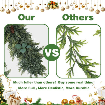 Gudegou 6FT Christmas Garland, Cedar Garlands with Eucalyptus,Artificial Pine Garland Christmas Decorations for Mantle Fireplace Outdoor Staircase