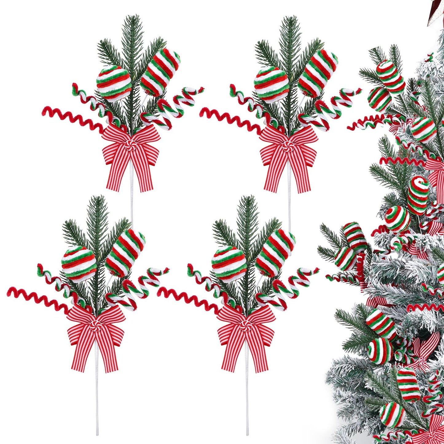Candyland Christmas Tree Picks Set of 4, Red Green Peppermint Ornament Sprays with Bows and Greenery, Christmas Tree Topper Decorations, Gingerbread Christmas Decor for Tree, Wreath and Garland