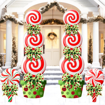 Meonum 4 Pcs Peppermint Candy Christmas Decorations Outdoor Large Christmas Yard Stakes Lime Green and Red Xmas Candy Garden Lawn Signs with Stakes and Bow for Home Pathway Walkway Party Decor(Green)