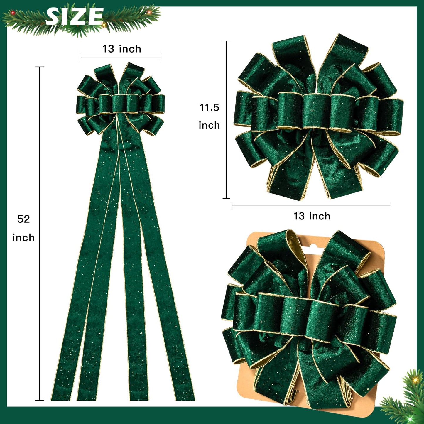 WRAPAHOLIC Large Christmas Tree Topper Bow - 13 x 52 Inch Green Glitter Christmas Tree Topper Ribbon Bow Wreath Bows with Wired Edge for Xmas Ornament Indoor Outdoor Decoration