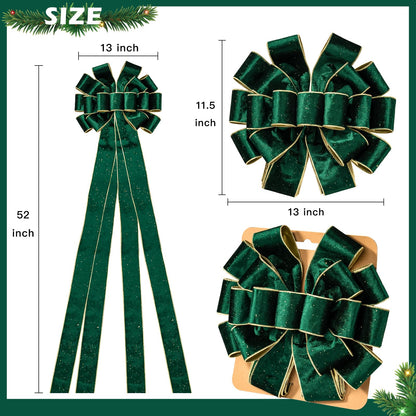 WRAPAHOLIC Large Christmas Tree Topper Bow - 13 x 52 Inch Green Glitter Christmas Tree Topper Ribbon Bow Wreath Bows with Wired Edge for Xmas Ornament Indoor Outdoor Decoration