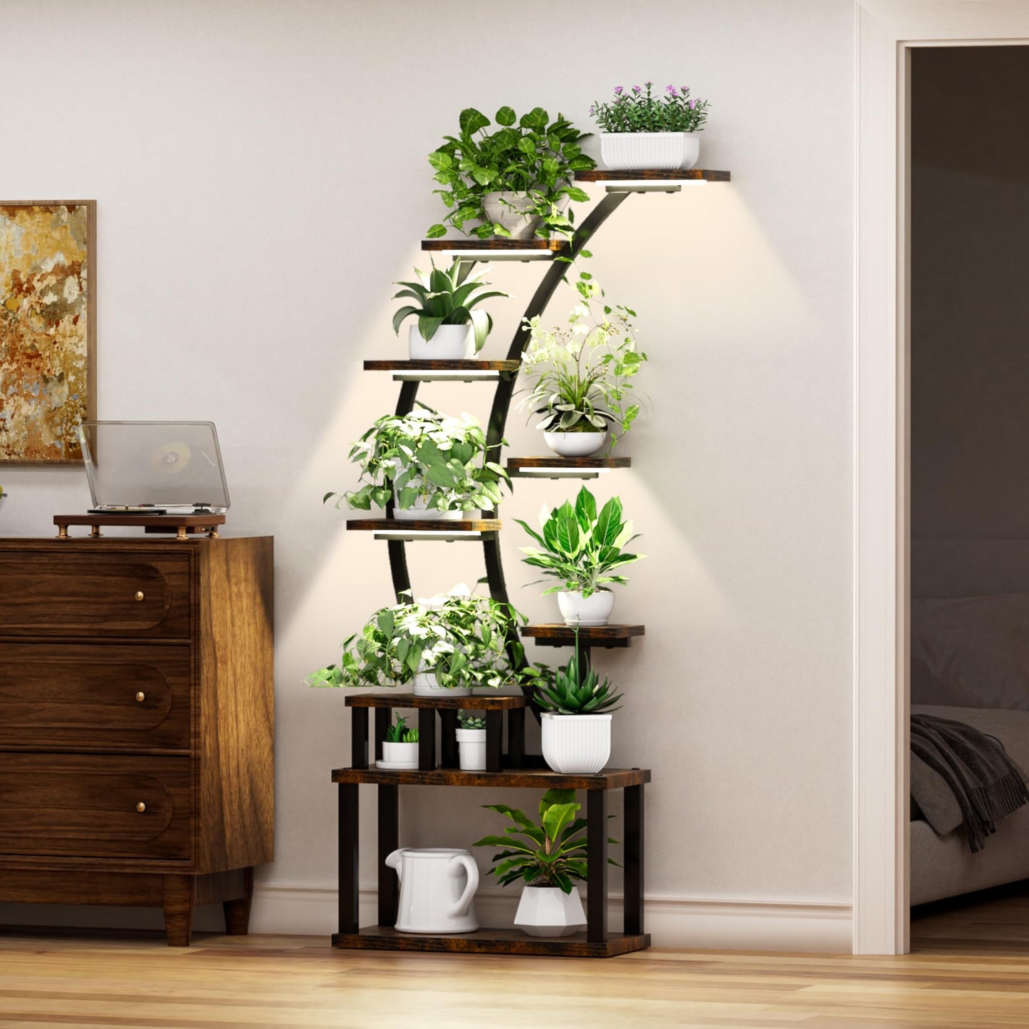 9-Tier Indoor Plant Stand , 63.6" Tall Plant Stand with 5 Grow Lights for Lush Greenery, Adjustable Lighting Modes, 10-Level Dimming & 3 Timer Settings, Energy-Efficient, Perfect for Plant Growth (9-Tiered 63.6" Tall)