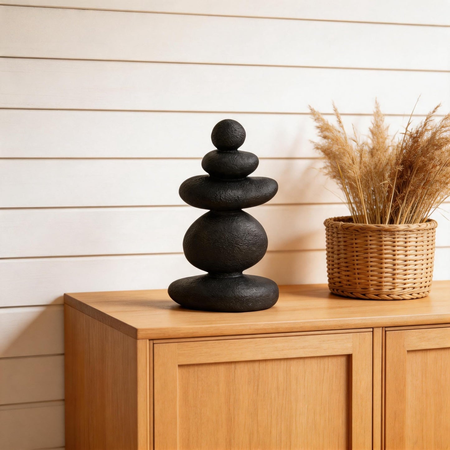FUNTEREST Balancing Stacked Stones Statue, 14.5 Inch Zen Rock Cairn Sculpture, Black Resin Wabi Sabi Decor for Home Office Shelf Yoga Room, Mindfulness Gift for Yoga Lovers